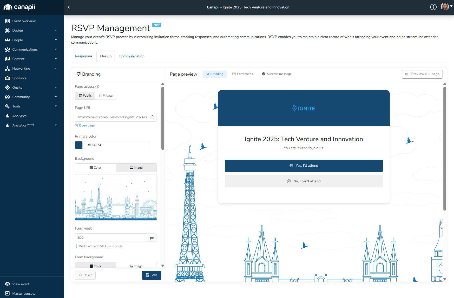 Screen shot of the RSVP feature