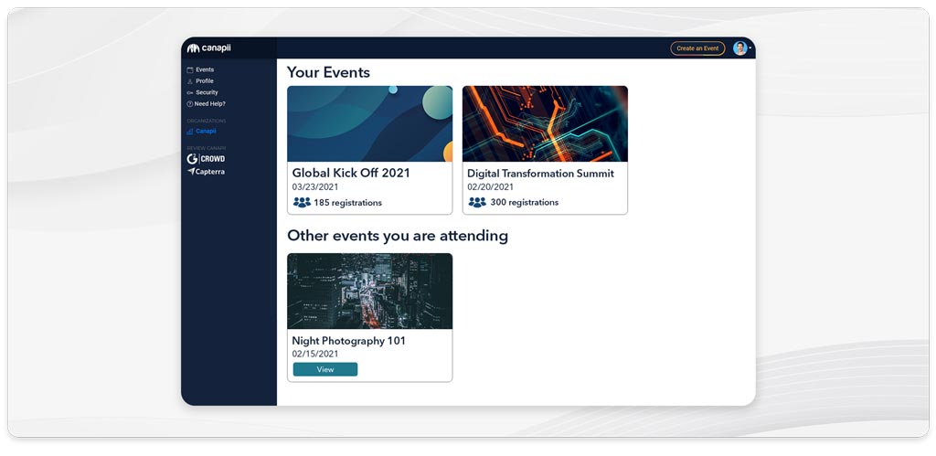 Canapii organizer dashboard listing events with their registration counts