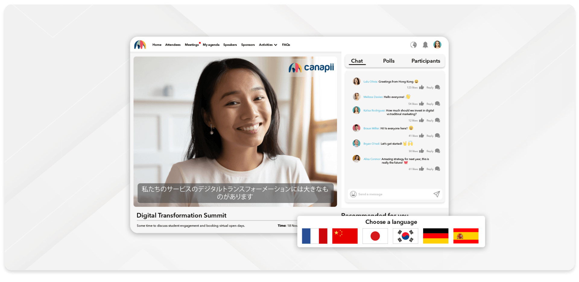 Multilingual live stream session running on the Canapii virtual event platform