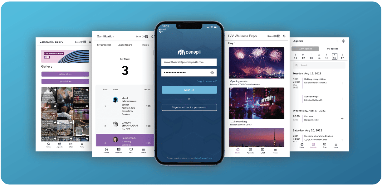 Mobile event app screens showing different color schemes and themes