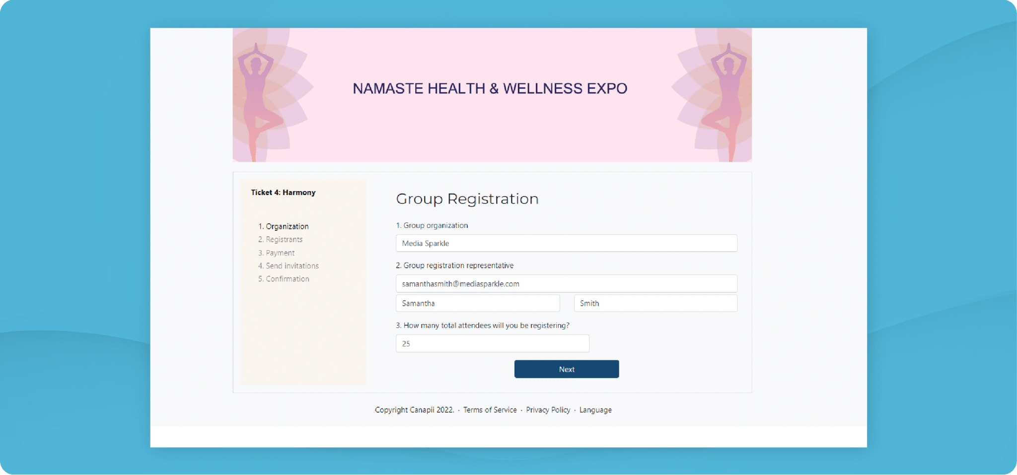 Canapii ticket settings with the enable group registration option selected