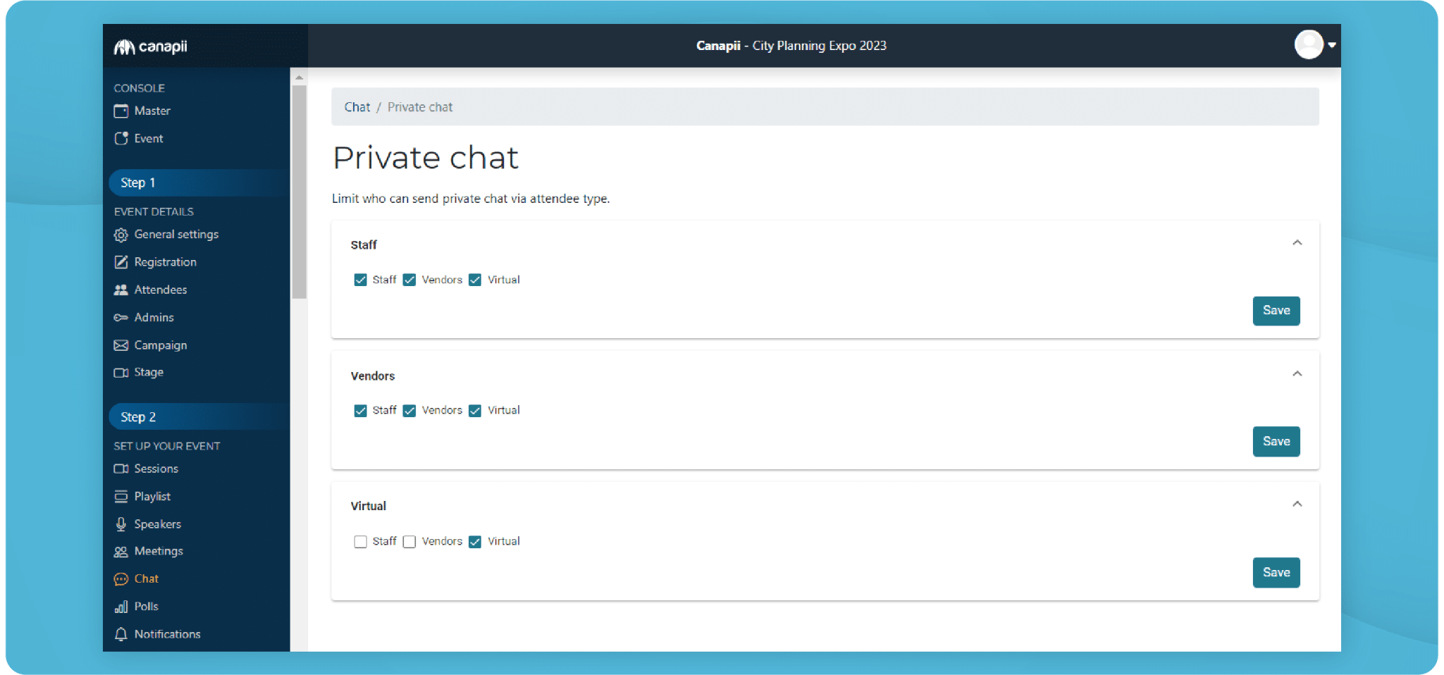 Canapii chat settings for restricting private chat between attendee types