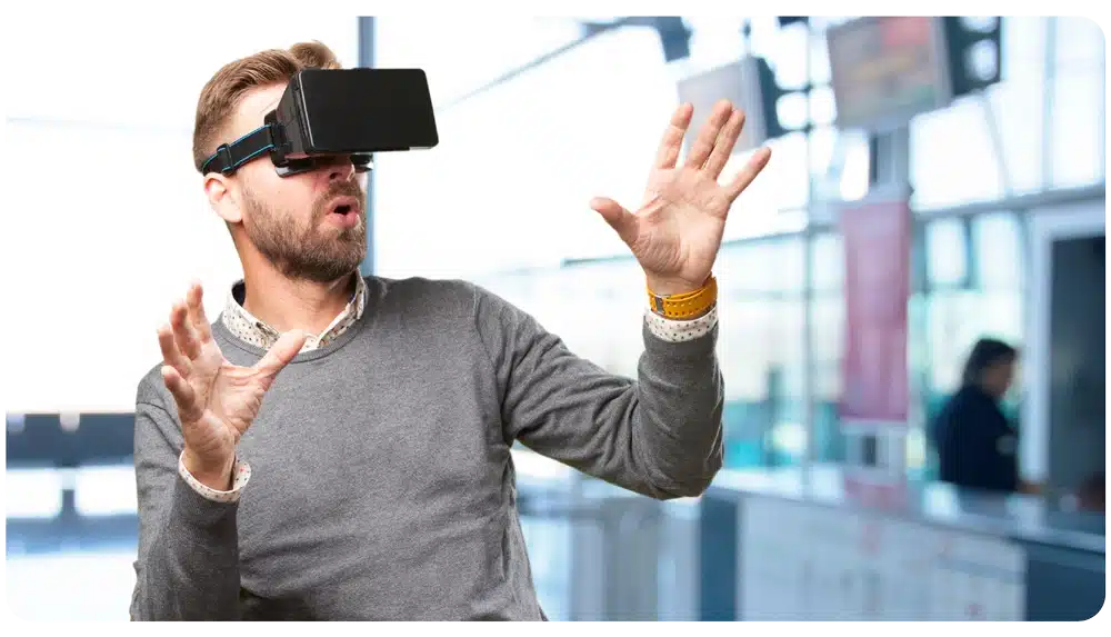 Attendee wearing augmented reality glasses at an event
