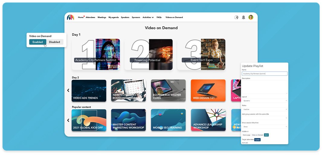 Videos on Demand tab grouping recorded sessions in a Canapii event