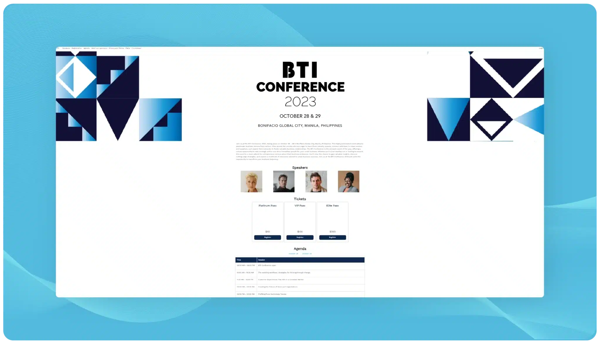 Branded event microsite landing page built with Canapii