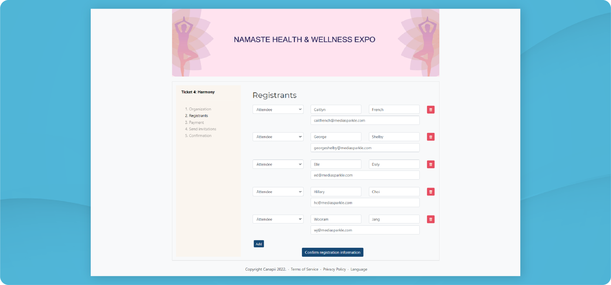 Canapii registration page showing options to add additional group registrants