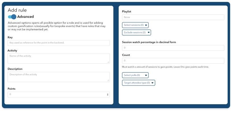 Canapii’s advanced rule builder with custom points, session watch percentages and target attendee types