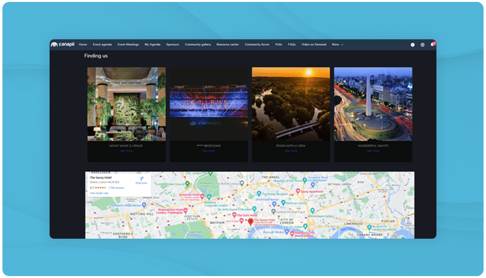 Canapii event console showing venue and location information