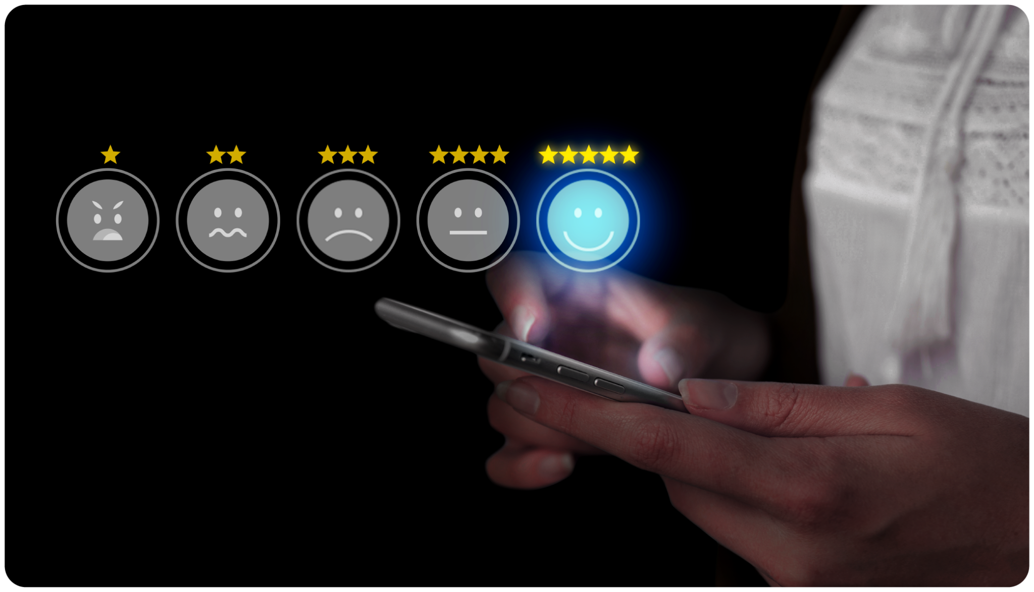 Attendee giving a five-star satisfaction rating on a smartphone