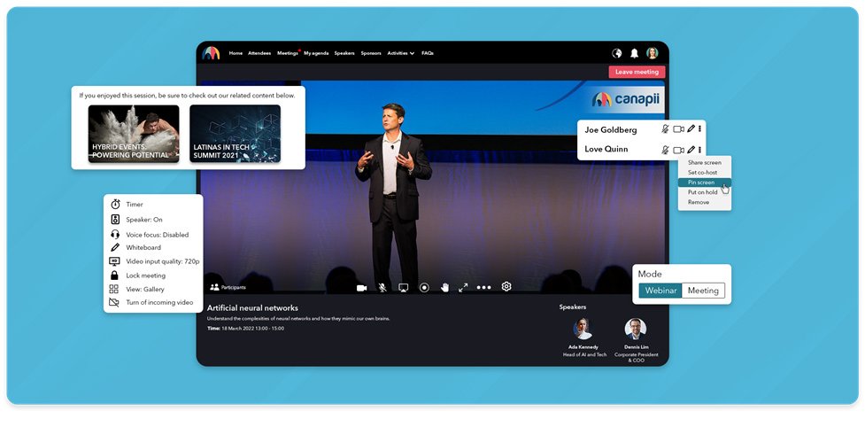 Canapii session announcement tiles displayed during a live streamed session