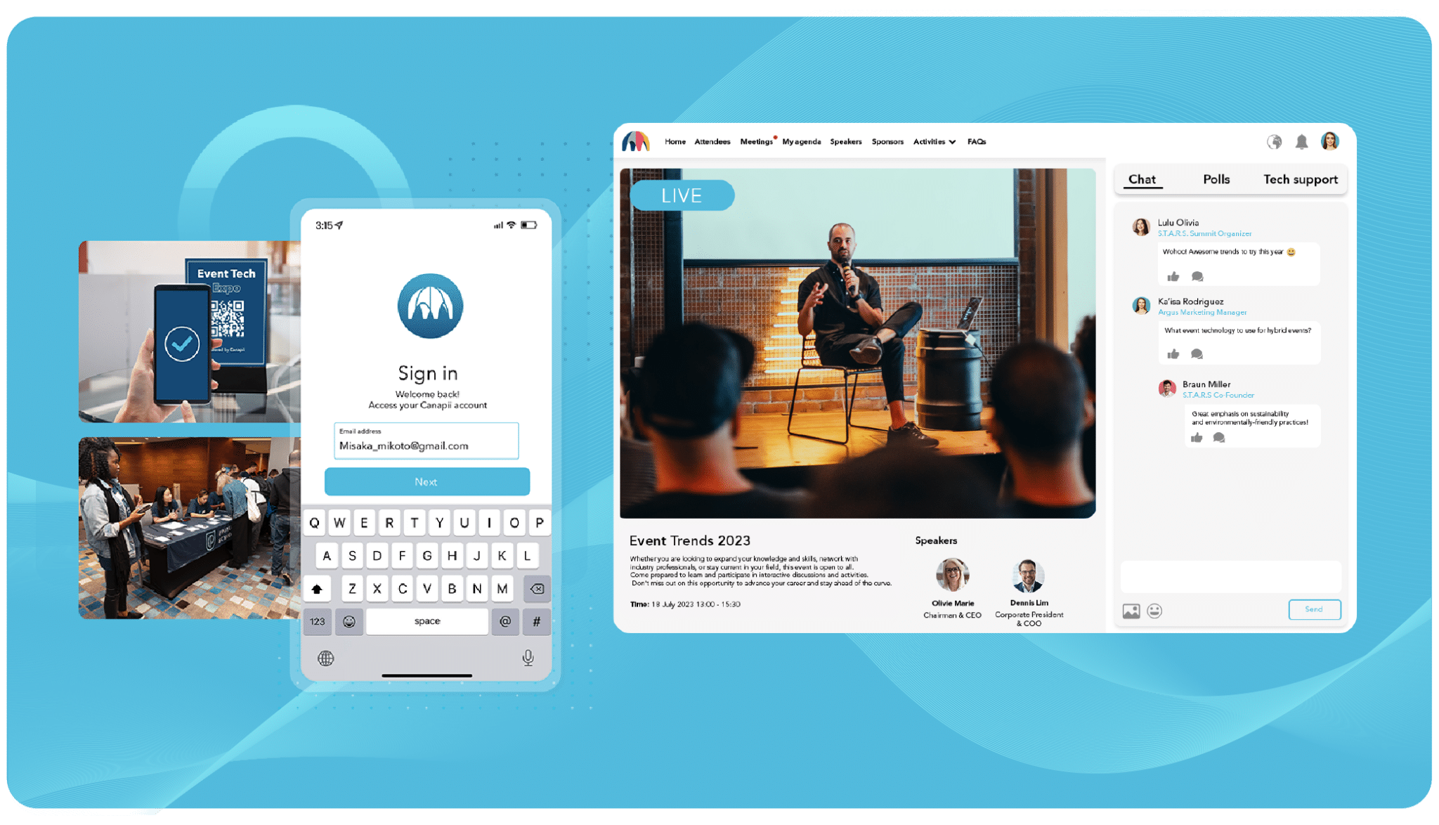 Event technology supporting onsite check-in and connectivity