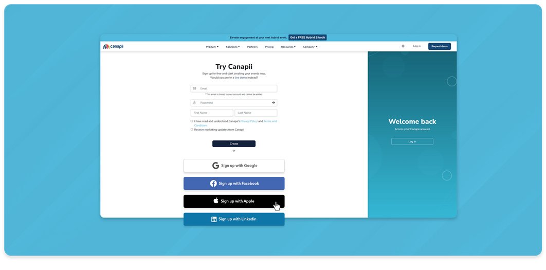 Single sign-on options for logging in to Canapii with Google, Facebook and Apple