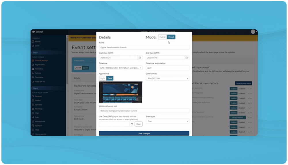 Canapii platform screen for selecting hybrid event mode