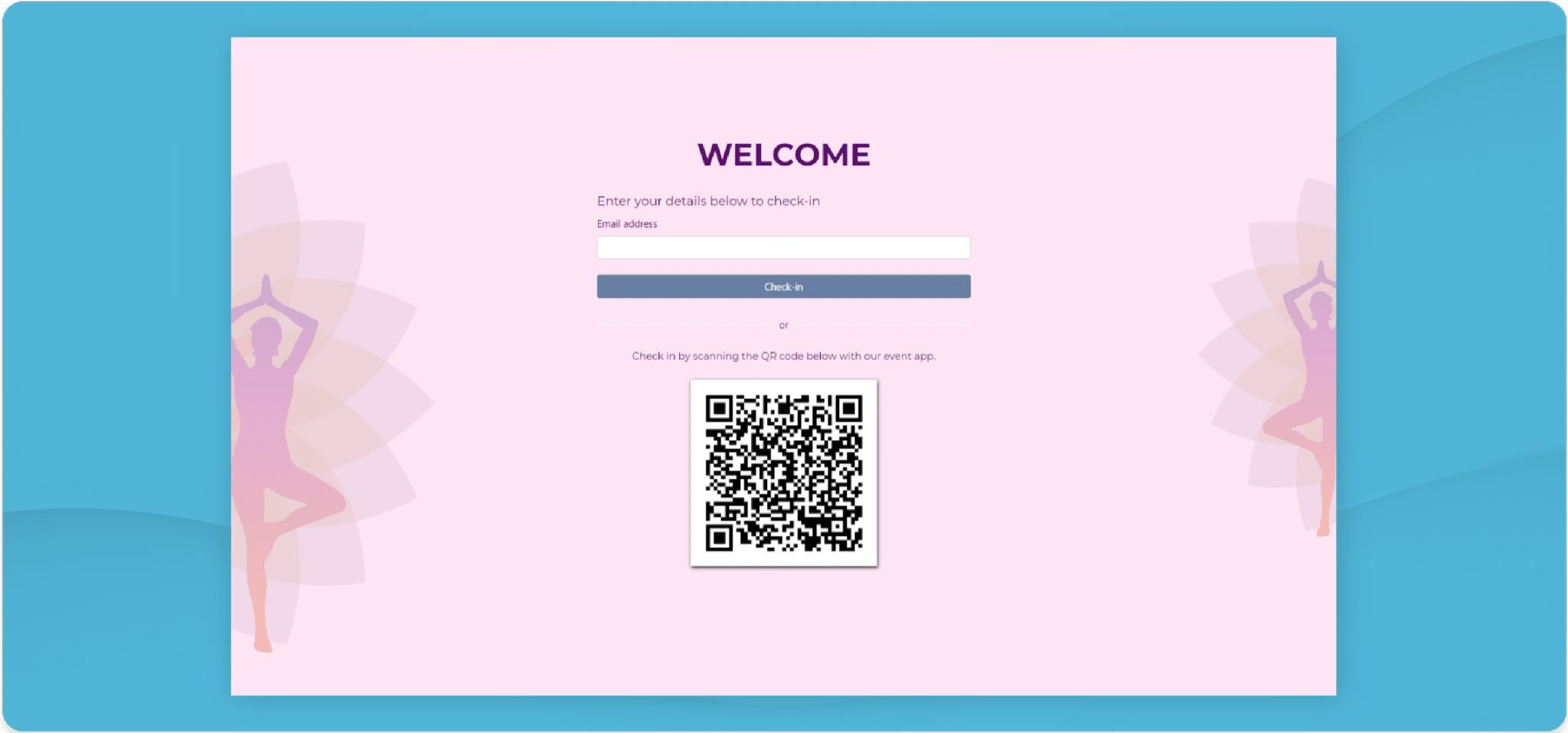Canapii check-in kiosk screen where attendees enter an email address or scan a QR code