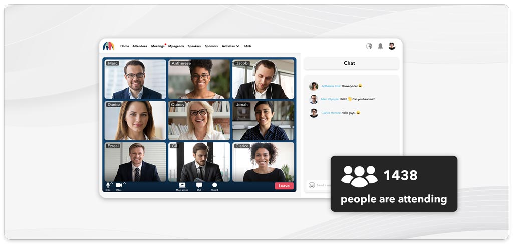Canapii virtual event with a live video grid, chat panel, and 1,438 people attending